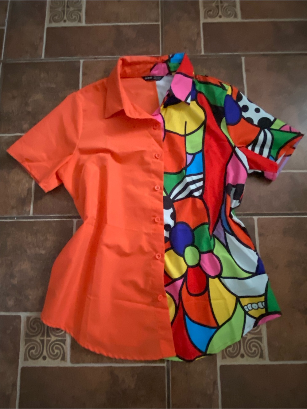 SHEIN Orange and Multicolor Short Sleeve Button-Up Top